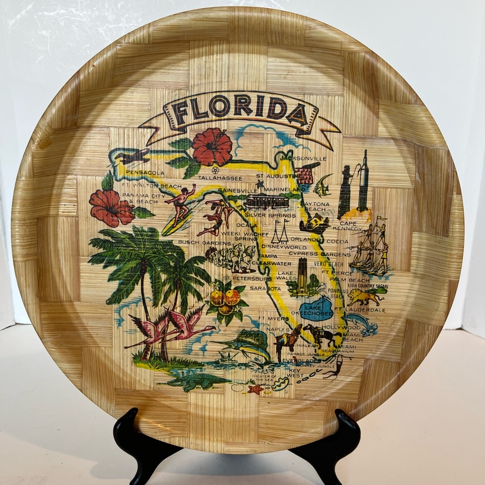 Vintage Florida Bamboo Souvenir Serving Tray